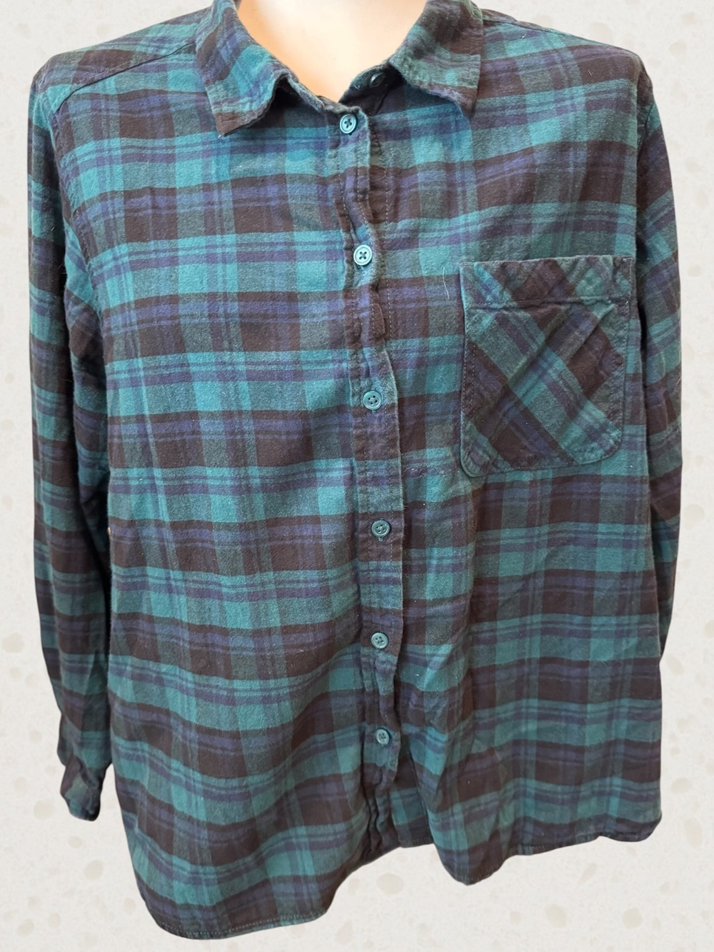 Time and Tru Women’s XL 16-18 Plaid Flannel Shirt Teal Navy 100% Cotton